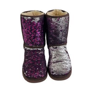 UGG Boots Size 7 Stellar Sequin Reversible Purple Silver Short Classic